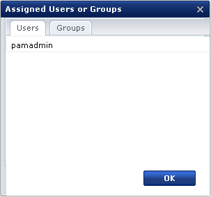 This graphic shows the dialog for Assigned Users/Groups has a Users tab and a Groups tab