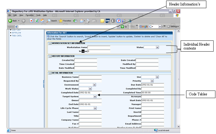 This screen capture displays the repository objects and their attributes