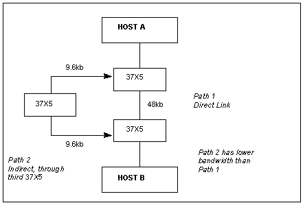 The example shows two paths, with different bandwidths, between Host A and Host B.