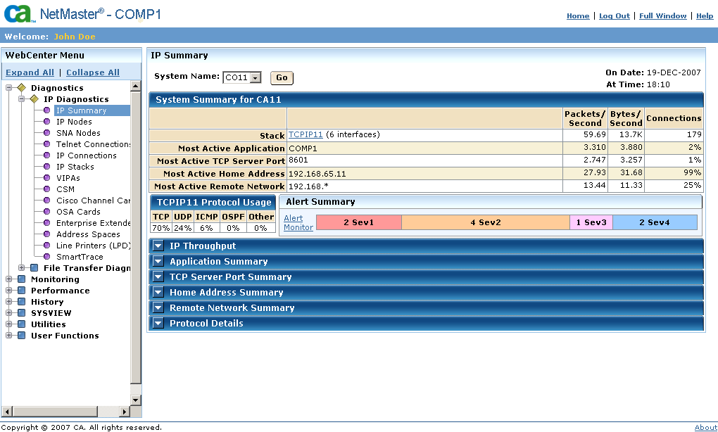 The WebCenter page shows the menu on the left pane and the IP Summary Display on the righrt pane.
