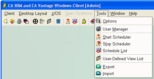 Windows Client main menu showing Tools menu options