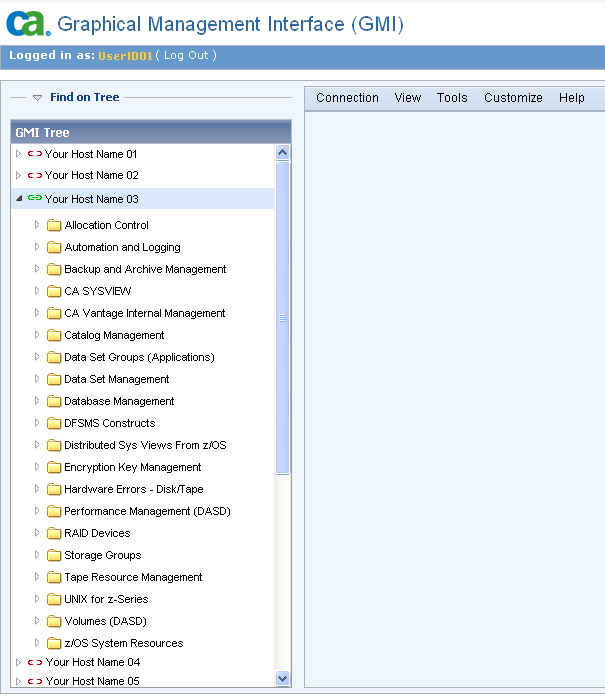 Screen shot example of the WebClient GMI Tree showing the Host ObjectTree