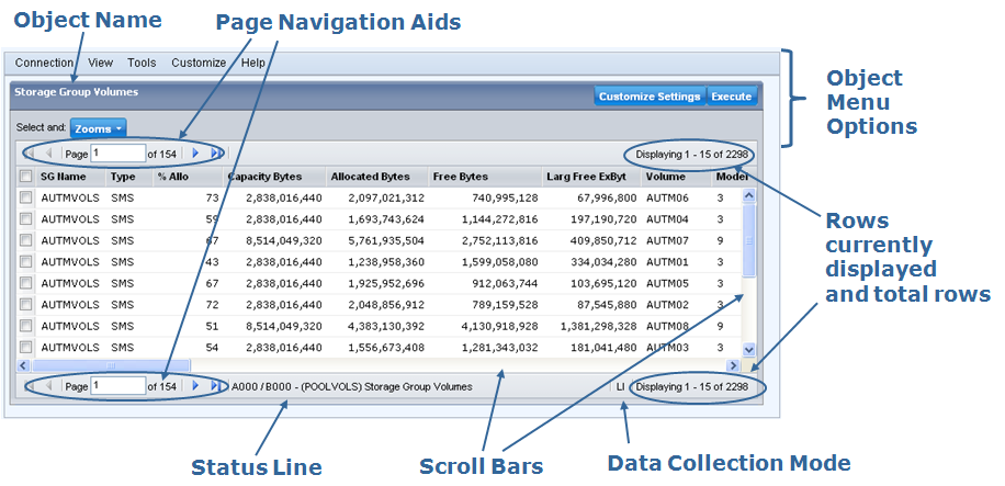 Web Client Table View of object showing menu bar and toolbar