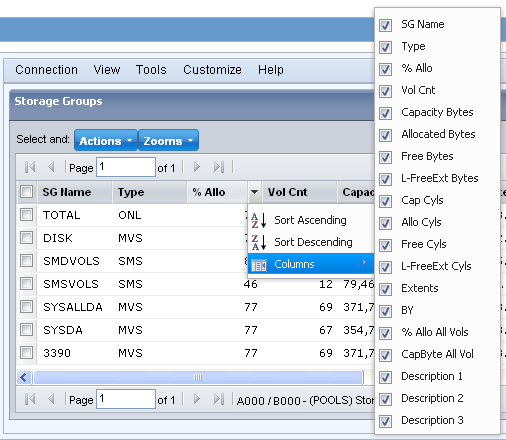 Screen shot from Web Client showing the column heading menu containing sort and display columns options.