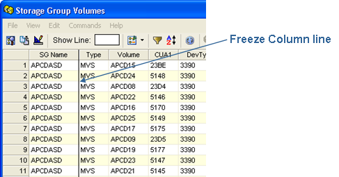 Freeze Column Line with text pointing to the freeze line