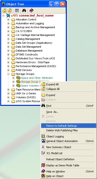 Return To Default Settings options displayed when right clicking an object in the object tree