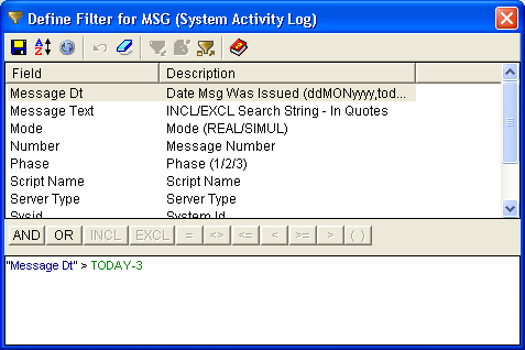 Screen shot of Filter dialog