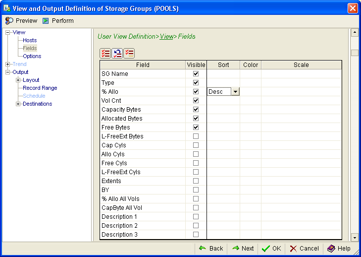 Example Storage Groups object displaying certain fields sorted by descending % Allo