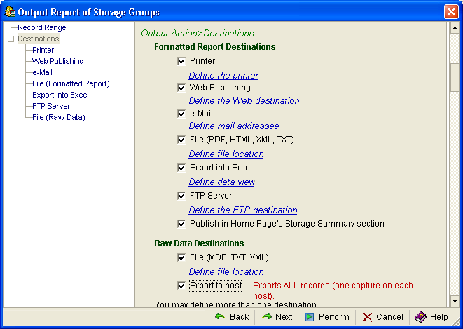 Output Reports Destinaitons dialog