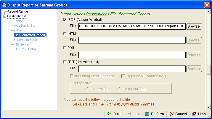 Output Reports Destinations - File Locations dialog