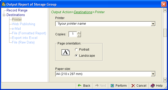 Printer Desitnations Locations dialog