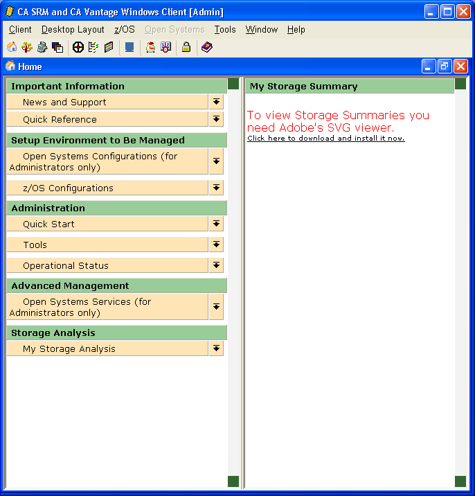 Windows Client Home Page Displayed