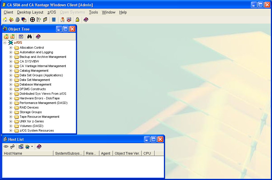 Windows Client showing zOS object tree and Host list dialogs