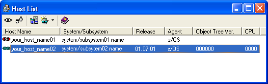 Host List dialog 2 hosts defined one connected