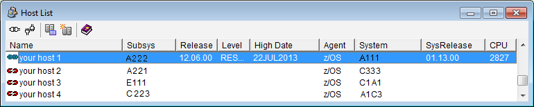 This is a screen shot example of the Host List dialog with one host connected.