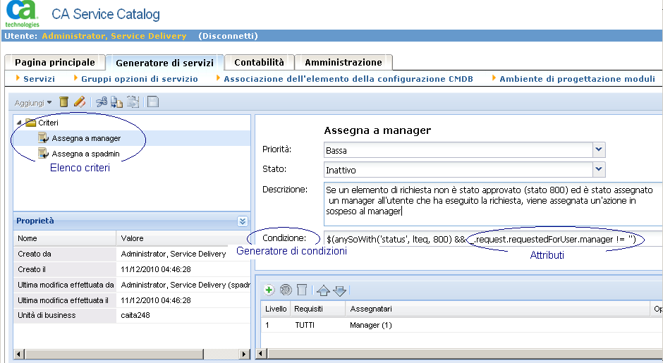 Il Generatore di criteri consente di creare e gestire i criteri, inclusi condizioni e assegnatari.