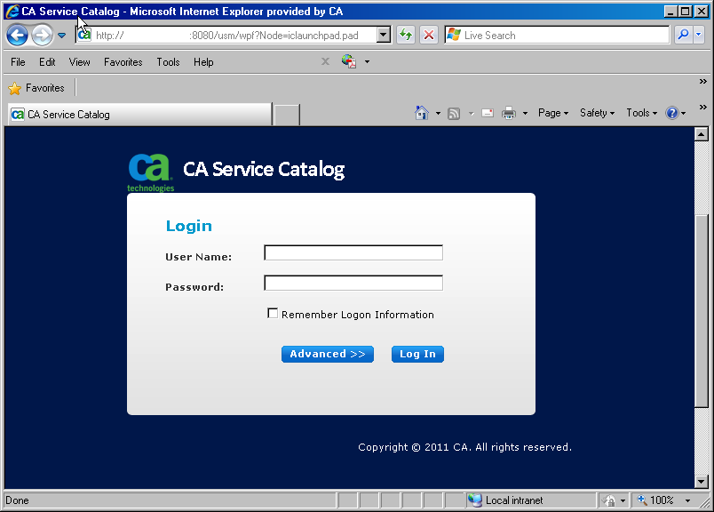 Login screen for CA Service Catalog, with default branding