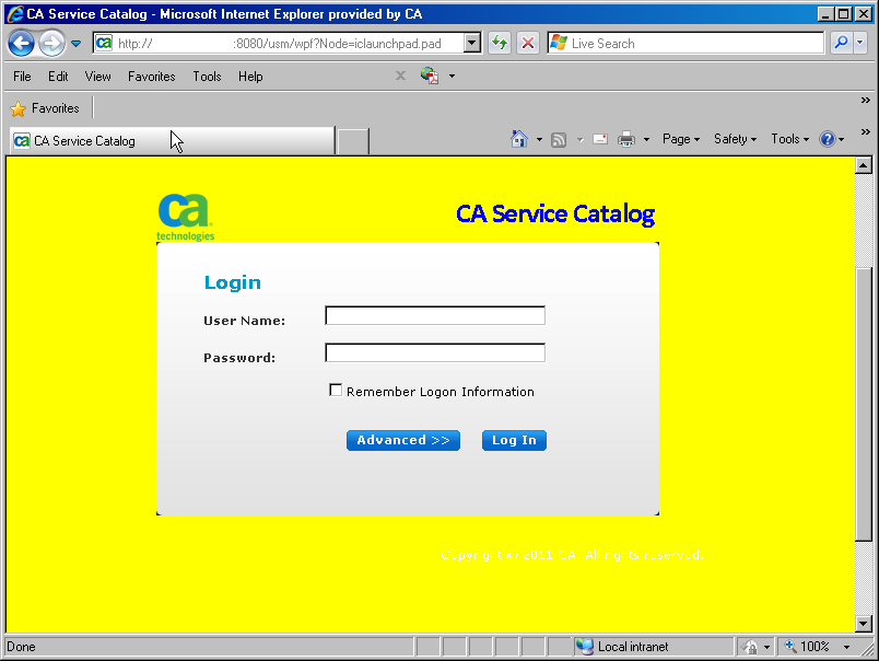Login screen for CA Service Catalog, with custom branding
