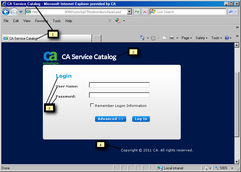 Default login page with callouts for items that you can customize