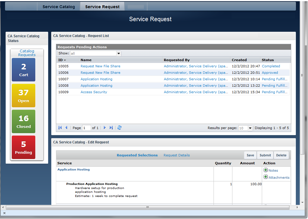 This Single Pane of glass shows the Status, Browse, and Request-List widgets used together to let request managers manage their requests pending action