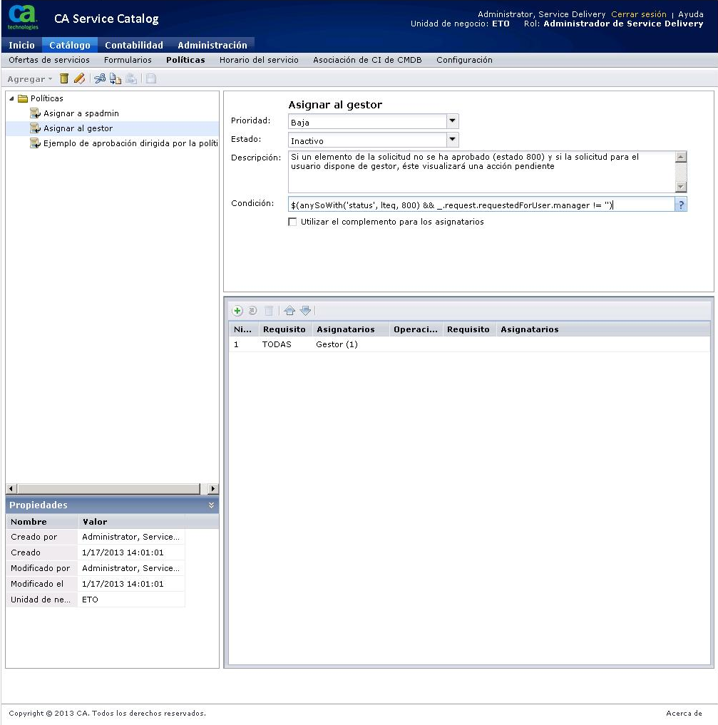 El Constructor de políticas le permite crear y mantener políticas, entre ellas condiciones y asignatarios.