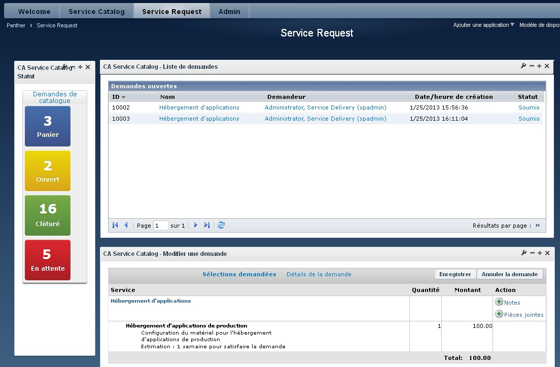 Cet exemple de volet unique rassemble les widgets Statut, Parcourir et Liste des demandes pour permettre aux gestionnaires de gérer les demandes en attente d'une action.