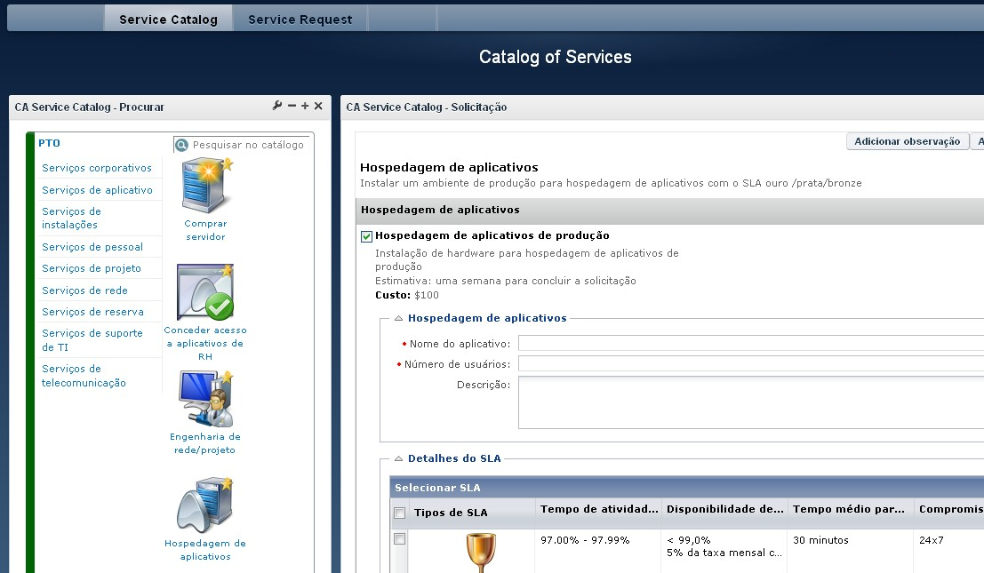 Este painel de controle único exibe os widgets Procurar e CreateRequest