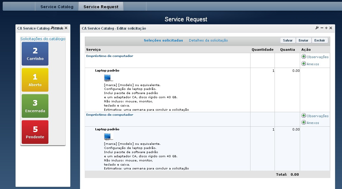 Este painel simples mostra os widgets Status, Procurar e Solicitações juntos