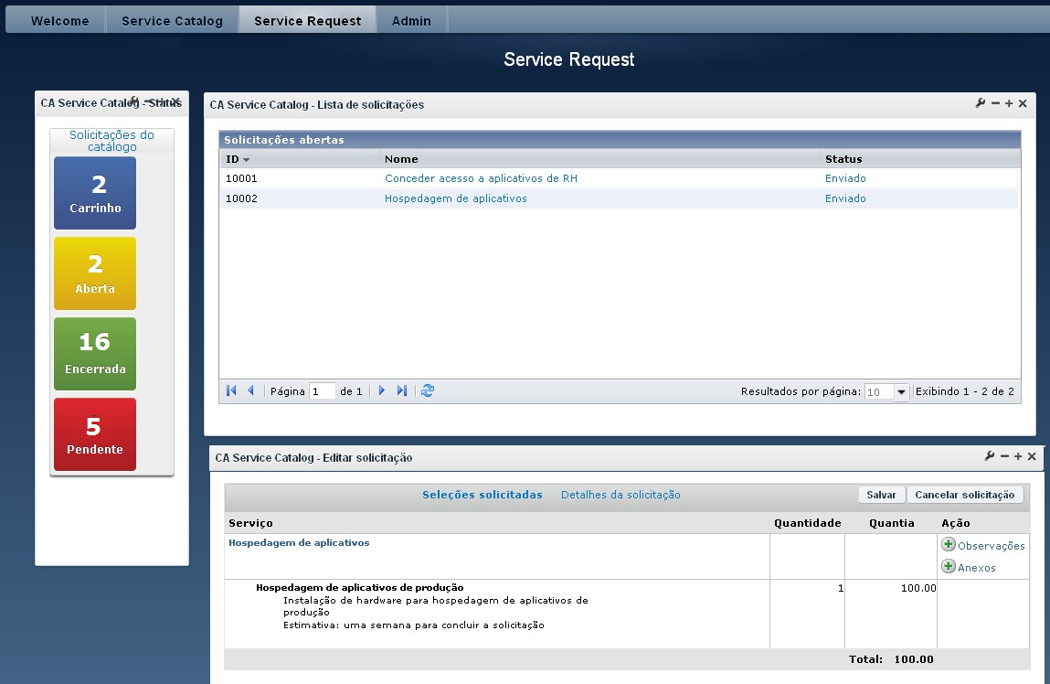 Este painel de controle único mostra os widgets Status, Procurar e Lista de solicitações usados em conjunto para permitir que os gerenciadores de requisições gerenciem suas solicitações com ação pendente