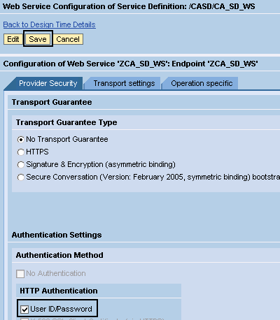 Shows the User ID Password option on the Provider Security tab and save button