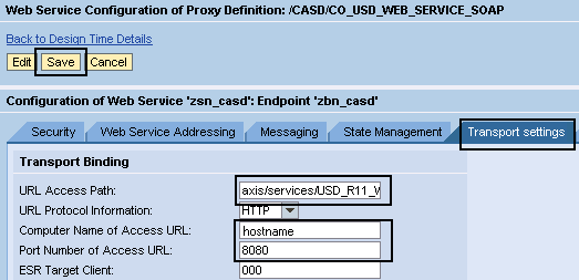Shows the URL access path, computer name, the port number, and the save button