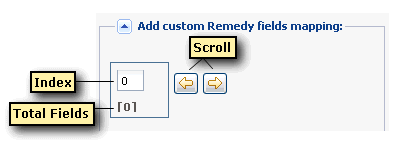 This illustration shows the Add custom Remedy fields mapping' option expanded. There is an index number field, a Total Fields value, and scroll buttons.