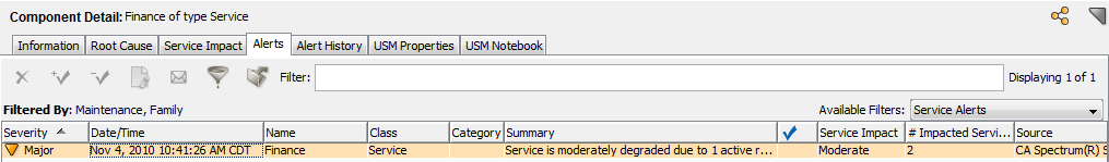 This graphic shows the Alerts tab in the Operations Console with one major service alert indicating the cause of service degradation.