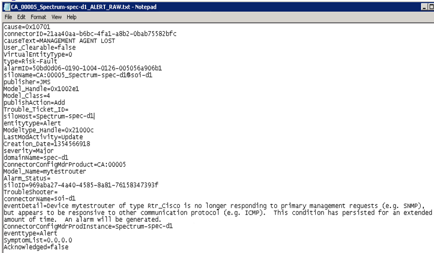 This screenshot shows the raw alert information.