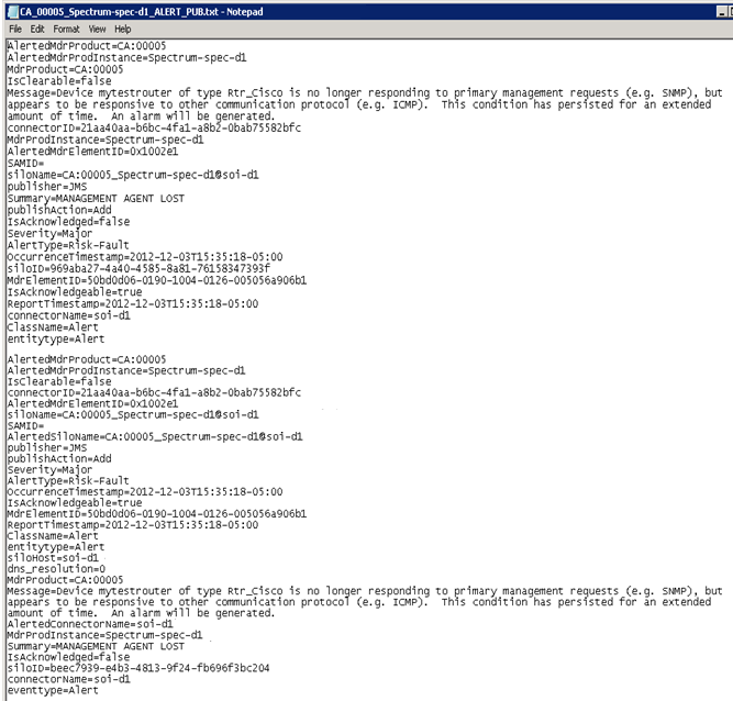 This screenshot shows the published alert information.