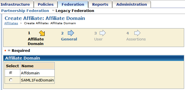 Graphic showing the Affiliate Domain step of the Legacy Federatioin wizard