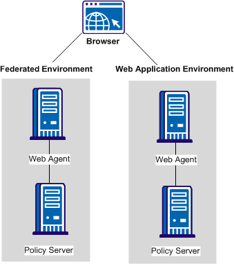 Graphic showing a producer site that combines a federated environment and a web application environment