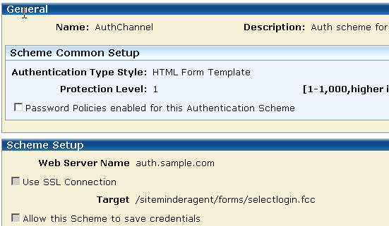 Graphic showing the General and Scheme Setup sections of the AuthChannel Authentication Scheme page in view mode