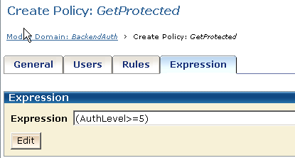 Graphic showing the Expression tab of the Create Policy page