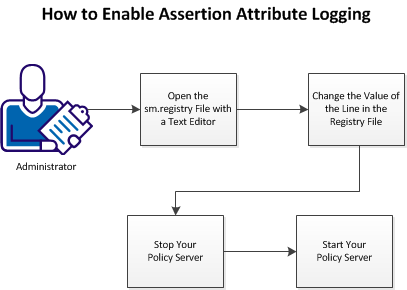 This diagram describes the workflow for enabling assertion attribute logging on the UNIX and Linux operating environments.