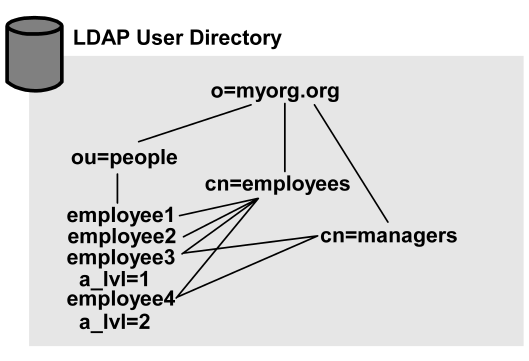 Graphic showing a policy domain containing the policies and other relevant Policy Server objects including a connection to the LDAP user directory