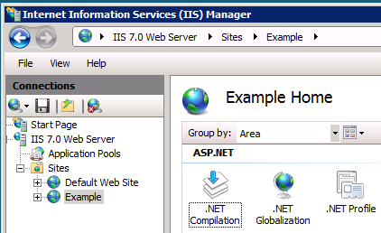 Internet Information Services Manager for IIS 7 Showing the Default Web Site Folder that is automatically updated with SiteMinder settings, with an Example subfolder which needs settings added manually