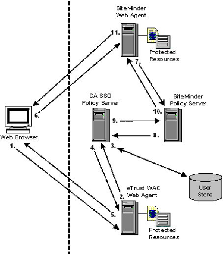 Use case graphic illustrating a user accessing an eTrust WAC protected resource before a SiteMinder protected resource