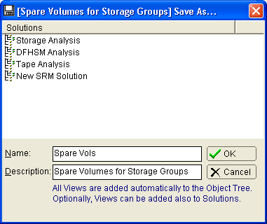 This illustration is a screen shot example of the Save As... dialog displayed when saving an item as a Solution.