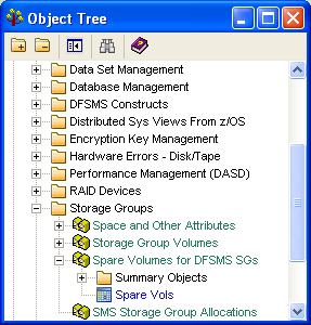 This illustration is a screen shot example of the Object Tree with the newly added Spare Vols User View.
