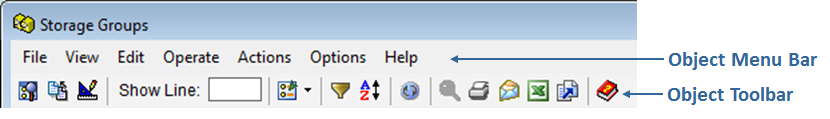 This illustration is a screen shot example of a menu bar and toolbar example from the Table view of the Storage Groups object.