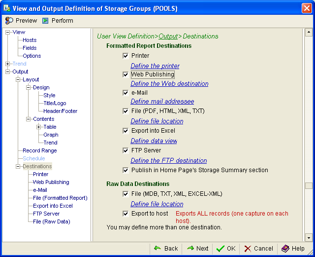 This illustration is a screen shot example of the User View Definition, Output, Destinations page of the View and Output Definition Wizard.