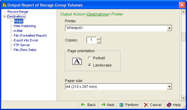 This illustration is a screen shot example of the Output Action, Destinations, Printer page of the Output Report wizard.