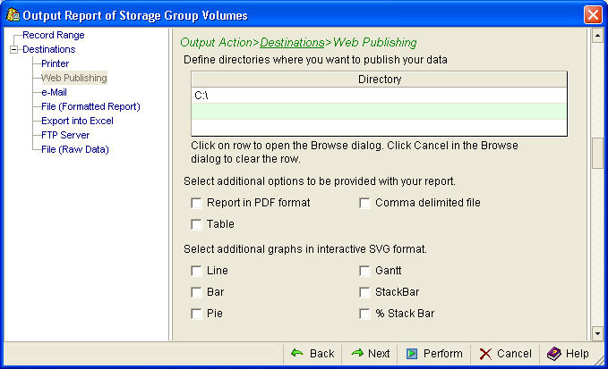 This illustration is a screen shot example of the Output Action, Destinations, Web Publishing page of the Output Report wizard.