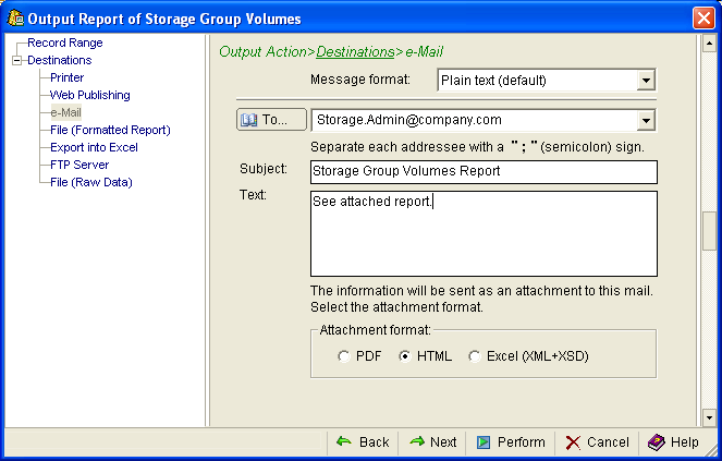 This illustration is a screen shot example of the Output Action, Destinations, e-Mail page of the Output Report wizard.